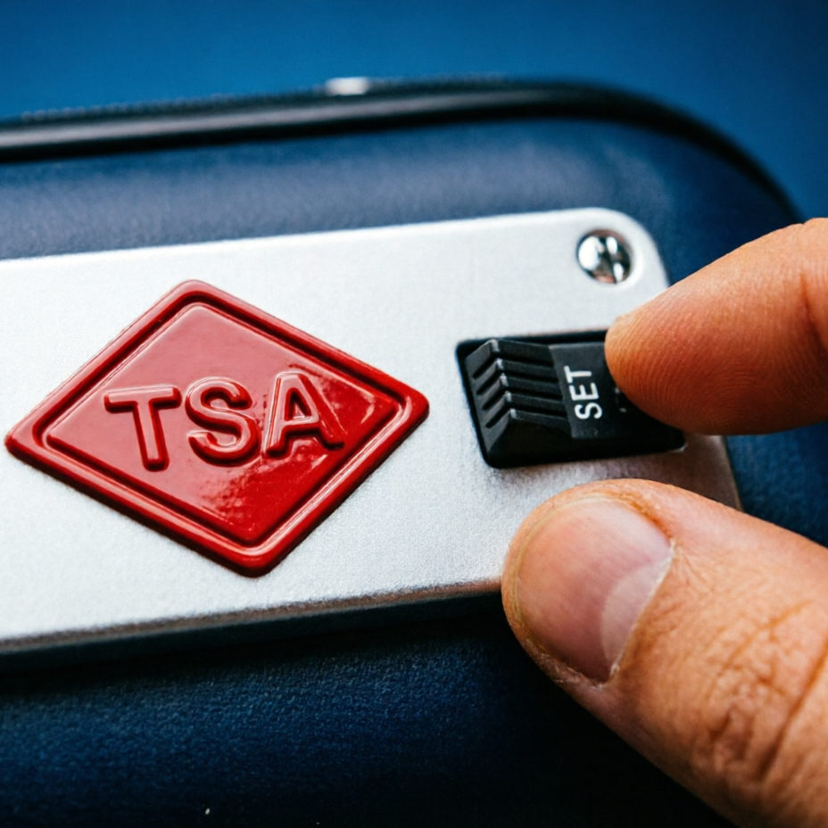 Рычажок Set на TSA-замке чемодана Samsonite Proxis с красным ромбом — перекодировка комбинации
